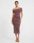 Express Women's Mesh Shine Off The Shoulder Ruched Midi Dress in Pink Small