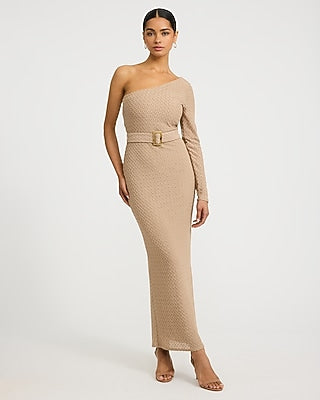 Express Women's Textured One Shoulder Long Sleeve Belted Maxi Sweater Dress in Brown Small