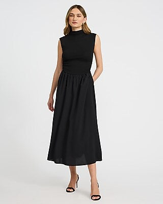Express Women's Mixed Media Mock Neck Drop Waist Midi Dress With Pockets in Pitch Black