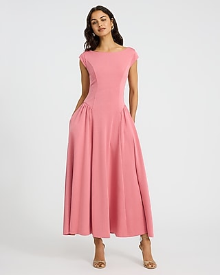Express Women's Cap Sleeve Open Back Drop Waist Maxi Dress With Pockets in Pink Small