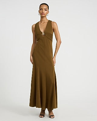 Express Women's Hardware Keyhole V-Neck Maxi Dress in Brown Small
