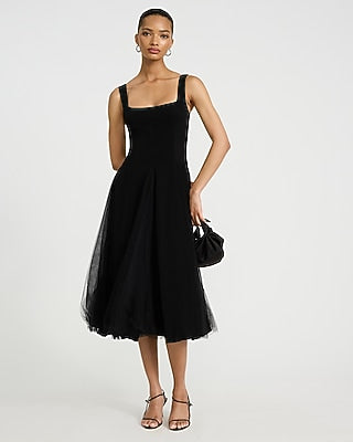 Express Women's Mixed Media Tulle Square Neck Sleeveless Midi Dress in Black Small