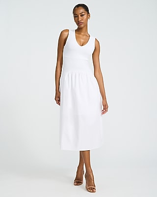 Express Women's Mixed Media V-Neck Sleeveless Drop Waist Midi Dress in White