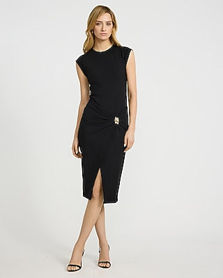 Express Women's Crew Neck Short Sleeve Hardware Wrap Midi Dress in Black Small