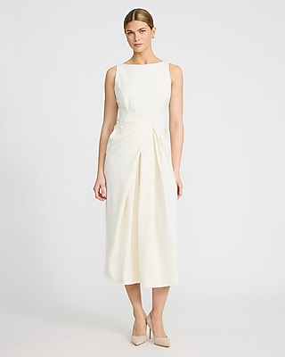 Express Women's Crew Neck Sleeveless Gathered Front Midi Dress in Ivory