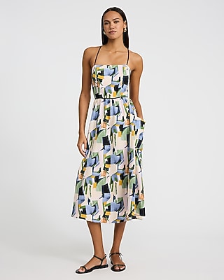 Express Women's Printed Square Neck Strappy Back Midi Dress With Pockets in Pink Print