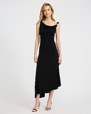 Express Women's Cowl Neck Hardware Asymmetrical Maxi Dress in Pitch Black