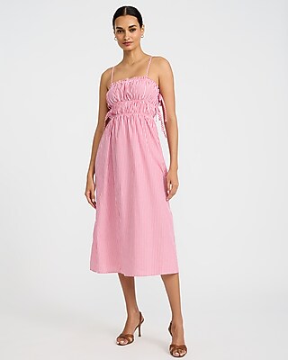 Express Women's Cotton Poplin Striped Ruched Side Tie Midi Dress in Red