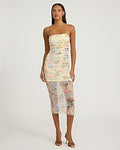 Express Women's Mesh Floral Strapless Midi Dress in White Print
