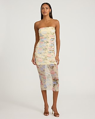 Express Women's Mesh Floral Strapless Midi Dress in White Print