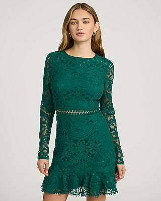 Express Women's Lace Crew Neck Long Sleeve Ruffle Mini Dress in Green Small