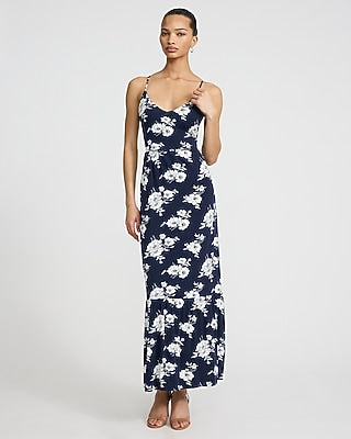 Express Women's Floral V-Neck Sleeveless Open Smocked Back Maxi Dress in Navy Blue