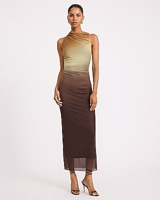 Express Women's Printed Mesh Asymmetrical Neckline Ruched Maxi Dress in Brown Plaid