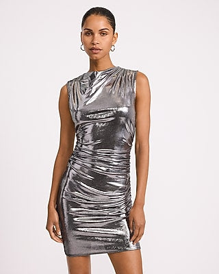 Express Women's Metallic Mock Neck Sleeveless Mini Dress in Gunmetal