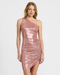 Express Women's Metallic One Shoulder Keyhole Ruched Mini Dress in Pink Small