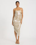 Express Women's Metallic Strapless High-Low Midi Dress in Neutral Small