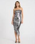 Express Women's Metallic Strapless High-Low Midi Dress in Gray Small