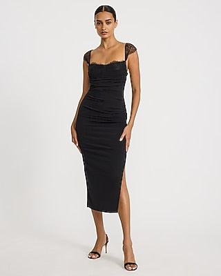 Express Women's Lace Pieced Sweetheart Cap Sleeve Ruched Midi Dress in Pitch Black