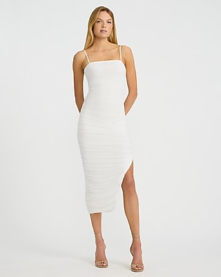 Express Women's Sheer Mesh Ruched Square Neck Midi Dress in Ivory