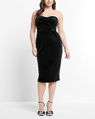 Express Women's Velvet Sweetheart Neckline Strapless Midi Dress in Pitch Black