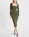 Express Women's Square Neck Long Sleeve Knit Midi Dress in Olive Green