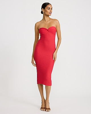 Express Women's Textuin Red Strapless Sweetheart Twist Front Midi Tube Dress Small