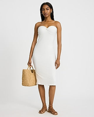 Express Women's Textured Strapless Sweetheart Twist Front Midi Tube Dress in White Small