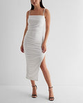 Express Women's Body Contour Mesh Ruched Side Slit Midi Dress With Bra Cups in White Small