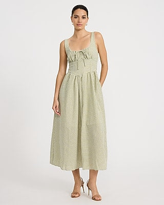 Express Women's Gingham Smocked Back Dipped Waist Midi Dress With Pockets in Green Small