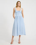Express Women's Gingham Smocked Back Dipped Waist Midi Dress With Pockets in Blue Small