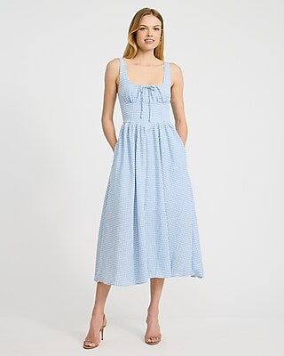 Express Women's Gingham Smocked Back Dipped Waist Midi Dress With Pockets in Blue Small