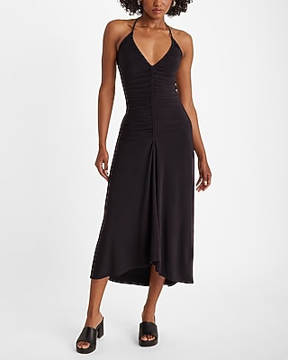 Express Women's Halter V-Neck Sleeveless Ruched Midi Dress in Pitch Black