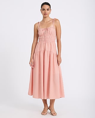 Express Women's Striped Ruched Tie Strap Tiered Maxi Dress in Red Print