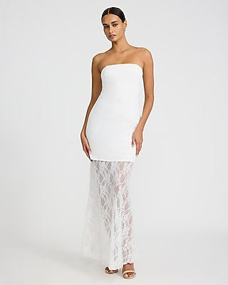 Express Women's Strapless Mixed Media Sheer Lace Maxi Dress in White Small