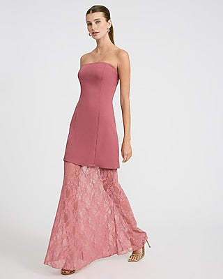 Express Women's Strapless Mixed Media Sheer Lace Maxi Dress in Pink Small