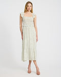 Express Women's Striped Square Neck Flutter Sleeve Smocked Tiered Midi Dress in Green Stripe