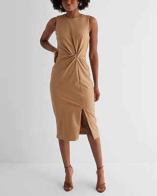 Express Women's Body Contour Faux Leather Twist Front Midi Dress in Pecan