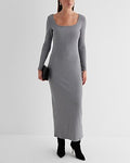 Express Women's Ribbed Square Neck Long Sleeve Maxi Dress in Gray