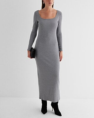 Express Women's Ribbed Square Neck Long Sleeve Maxi Dress in Gray