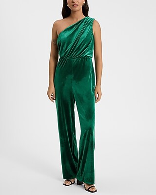 Express Women's Velvet One Shoulder Wide Leg Palazzo Jumpsuit in Emerald