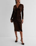 Express Women's Velvet V-Neck Puff Sleeve Ruched Midi Dress in Espresso