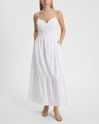 Express Women's V-Neck Sleeveless Ruched Side Tie Midi Dress in White