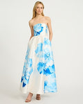 Express Women's Floral Satin Strapless Fit And Flare Maxi Dress With Pockets in Blue Print