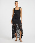 Express Women's Lace Scoop Neck Sleeveless Ruched High-Low Maxi Dress in Pitch Black