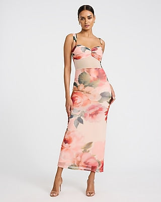 Express Women's Floral Sweetheart Mesh Pieced Maxi Dress in Pink Print