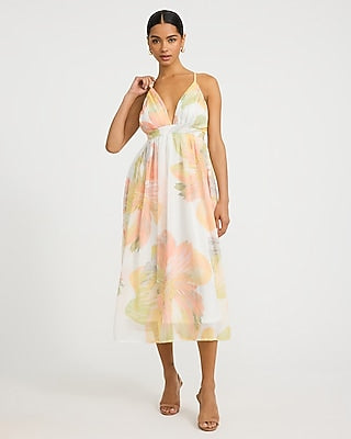 Express Women's Floral Chiffon V-Neck Sleeveless Midi Dress in Pink Print