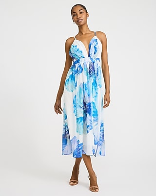 Express Women's Floral Chiffon V-Neck Sleeveless Midi Dress in Blue Small