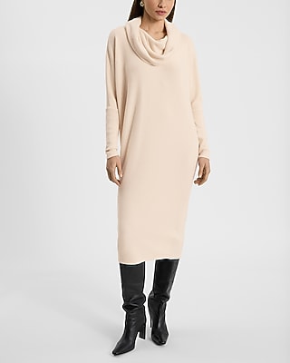 Express Women's Ribbed Knit Cowl Neck Long Sleeve Midi Shift Dress in Sandshell