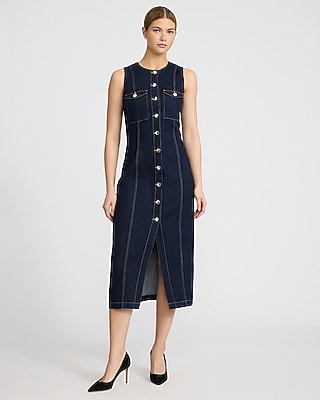 Express Women's Stretch Denim Crew Neck Sleeveless Button Front Midi Dress in Dark Wash