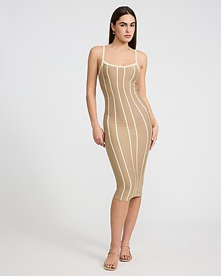 Express Women's Striped Scoop Neck Sleeveless Corset Midi Dress in Blush Taupe